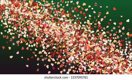 Disco Background with Confetti of Hearts Glitter Particles. St. Valentine Day. Birthday pattern. Light Spots. Explosion of Confetti. Glitter Vector Illustration. Design for Invitation.