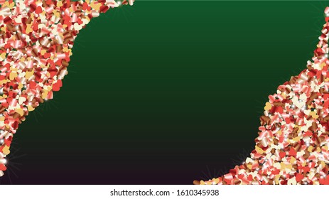 Disco Background with Confetti of Hearts Glitter Particles. St. Valentine Day. Celebration pattern. Light Spots. Explosion of Confetti. Glitter Vector Illustration. Design for Print.