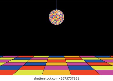 
Plano de fundo de disco com espaço de cópia. Modelo de vetor com chão multicolorido e bola de disco no fundo escuro.