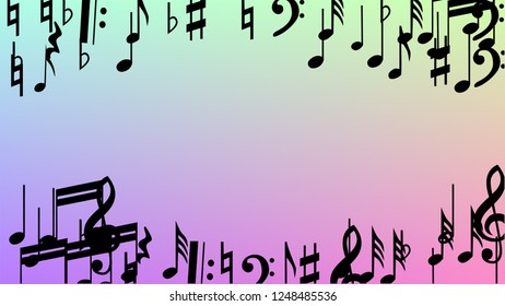 Disco Background. Many Random Falling Notes, Bass and, G Clef. Black Musical Notes Symbol Falling on Hologram Background. Disco Vector Template with Musical Symbols.