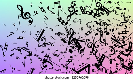 Disco Background. Many Random Falling Notes, Bass and, G Clef. Black Musical Notes Symbol Falling on Hologram Background. Disco Vector Template with Musical Symbols.