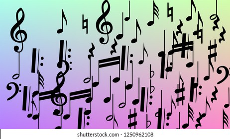 Disco Background. Many Random Falling Notes, Bass and, G Clef. Black Musical Notes Symbol Falling on Hologram Background. Disco Vector Template with Musical Symbols.