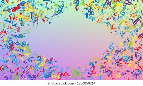 Disco Background. Many Random Falling Notes, Bass and, Treble Clef. Colorful Musical Notes Symbol Falling on Hologram Background. Disco Vector Template with Musical Symbols.