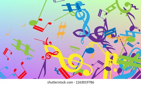 Disco Background. Many Random Falling Notes, Bass and, Treble Clef. Colorful Musical Notes Symbol Falling on Hologram Background. Disco Vector Template with Musical Symbols.
