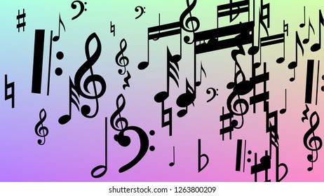 Disco Background. Many Random Falling Notes, Bass and, Treble Clef. Black Musical Notes Symbol Falling on Hologram Background. Disco Vector Template with Musical Symbols.