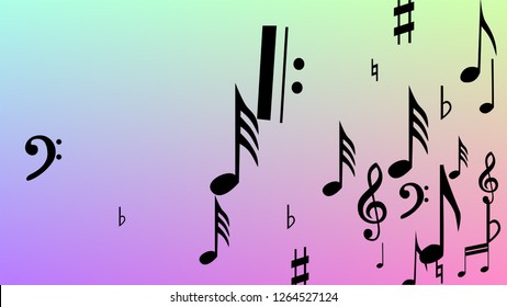 Disco Background. Many Random Falling Notes, Bass and, G Clef. Black Musical Notes Symbol Falling on Hologram Background. Disco Vector Template with Musical Symbols.