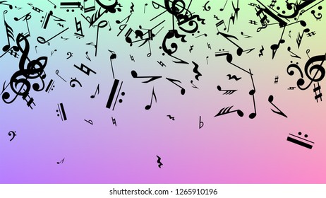 Disco Background. Many Random Falling Notes, Bass and, G Clef. Black Musical Notes Symbol Falling on Hologram Background. Disco Vector Template with Musical Symbols.