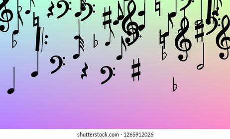 Disco Background. Many Random Falling Notes, Bass and, Treble Clef. Black Musical Notes Symbol Falling on Hologram Background. Disco Vector Template with Musical Symbols.