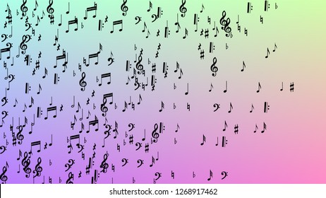 Disco Background. Many Random Falling Notes, Bass and, G Clef. Black Musical Notes Symbol Falling on Hologram Background. Disco Vector Template with Musical Symbols.