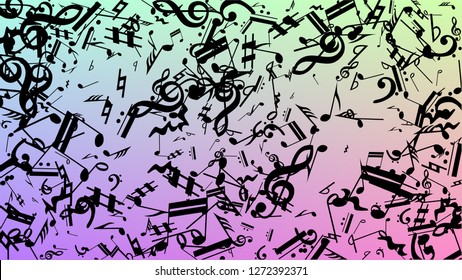 Disco Background. Many Random Falling Notes, Bass and, G Clef. Black Musical Notes Symbol Falling on Hologram Background. Disco Vector Template with Musical Symbols.