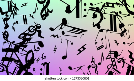 Disco Background. Many Random Falling Notes, Bass and, G Clef. Black Musical Notes Symbol Falling on Hologram Background. Disco Vector Template with Musical Symbols.