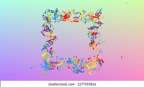 Disco Background. Many Random Falling Notes, Bass and, G Clef. Colorful Musical Notes Symbol Falling on Hologram Background. Disco Vector Template with Musical Symbols.