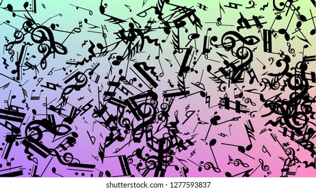 Disco Background. Many Random Falling Notes, Bass and, Treble Clef. Black Musical Notes Symbol Falling on Hologram Background. Disco Vector Template with Musical Symbols.
