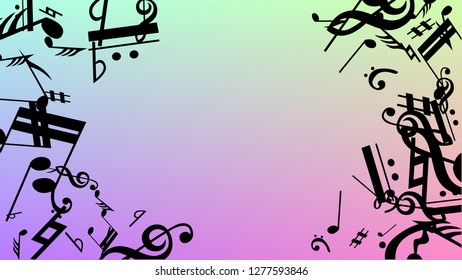Disco Background. Many Random Falling Notes, Bass and, G Clef. Black Musical Notes Symbol Falling on Hologram Background. Disco Vector Template with Musical Symbols.