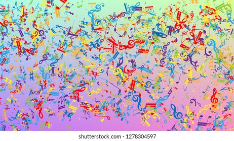 Disco Background. Many Random Falling Notes, Bass and, Treble Clef. Colorful Musical Notes Symbol Falling on Hologram Background. Disco Vector Template with Musical Symbols.