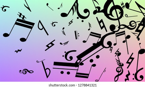 Disco Background. Many Random Falling Notes, Bass and, Treble Clef. Black Musical Notes Symbol Falling on Hologram Background. Disco Vector Template with Musical Symbols.