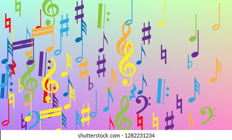 Disco Background. Many Random Falling Notes, Bass and, Treble Clef. Colorful Musical Notes Symbol Falling on Hologram Background. Disco Vector Template with Musical Symbols.