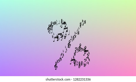 Disco Background. Many Random Falling Notes, Bass and, Treble Clef. Black Musical Notes Symbol Falling on Hologram Background. Disco Vector Template with Musical Symbols.