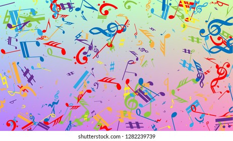 Disco Background. Many Random Falling Notes, Bass and, Treble Clef. Colorful Musical Notes Symbol Falling on Hologram Background. Disco Vector Template with Musical Symbols.