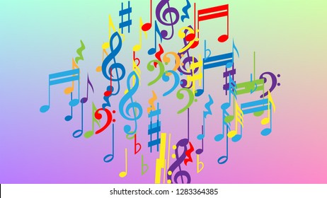 Disco Background. Many Random Falling Notes, Bass and, G Clef. Colorful Musical Notes Symbol Falling on Hologram Background. Disco Vector Template with Musical Symbols.