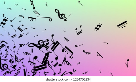 Disco Background. Many Random Falling Notes, Bass and, G Clef. Black Musical Notes Symbol Falling on Hologram Background. Disco Vector Template with Musical Symbols.