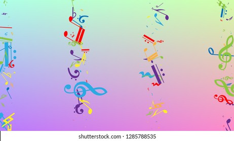 Disco Background. Many Random Falling Notes, Bass and, G Clef. Colorful Musical Notes Symbol Falling on Hologram Background. Disco Vector Template with Musical Symbols.
