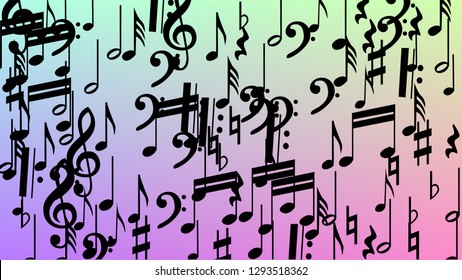 Disco Background. Many Random Falling Notes, Bass and, Treble Clef. Black Musical Notes Symbol Falling on Hologram Background. Disco Vector Template with Musical Symbols.