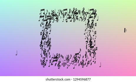 Disco Background. Many Random Falling Notes, Bass and, G Clef. Black Musical Notes Symbol Falling on Hologram Background. Disco Vector Template with Musical Symbols.
