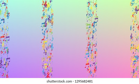Disco Background. Many Random Falling Notes, Bass and, Treble Clef. Colorful Musical Notes Symbol Falling on Hologram Background. Disco Vector Template with Musical Symbols.