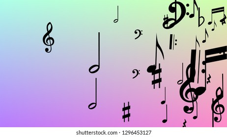 Disco Background. Many Random Falling Notes, Bass and, Treble Clef. Black Musical Notes Symbol Falling on Hologram Background. Disco Vector Template with Musical Symbols.