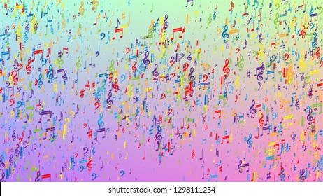 Disco Background. Many Random Falling Notes, Bass and, Treble Clef. Colorful Musical Notes Symbol Falling on Hologram Background. Disco Vector Template with Musical Symbols.