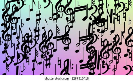Disco Background. Many Random Falling Notes, Bass and, Treble Clef. Black Musical Notes Symbol Falling on Hologram Background. Disco Vector Template with Musical Symbols.
