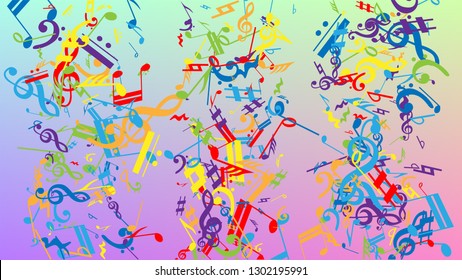 Disco Background. Many Random Falling Notes, Bass and, Treble Clef. Colorful Musical Notes Symbol Falling on Hologram Background. Disco Vector Template with Musical Symbols.