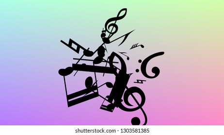 Disco Background. Many Random Falling Notes, Bass and, G Clef. Black Musical Notes Symbol Falling on Hologram Background. Disco Vector Template with Musical Symbols.