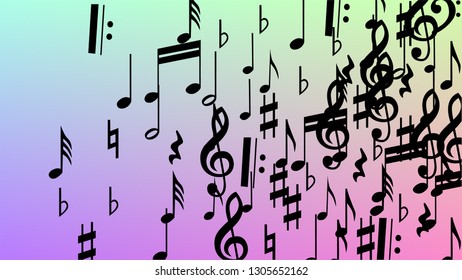 Disco Background. Many Random Falling Notes, Bass and, G Clef. Black Musical Notes Symbol Falling on Hologram Background. Disco Vector Template with Musical Symbols.