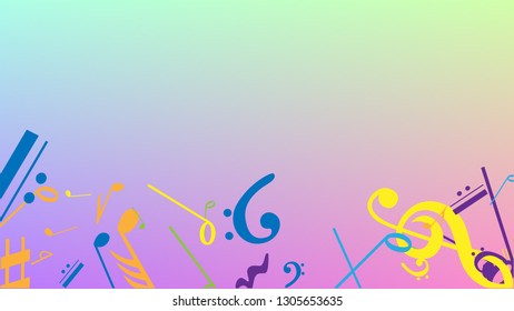 Disco Background. Many Random Falling Notes, Bass and, Treble Clef. Colorful Musical Notes Symbol Falling on Hologram Background. Disco Vector Template with Musical Symbols.