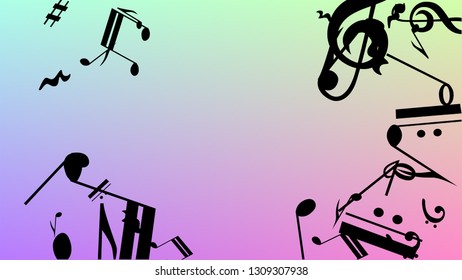 Disco Background. Many Random Falling Notes, Bass and, G Clef. Black Musical Notes Symbol Falling on Hologram Background. Disco Vector Template with Musical Symbols.