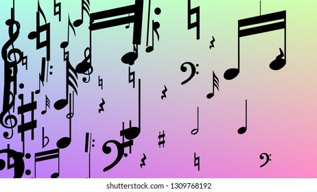 Disco Background. Many Random Falling Notes, Bass and, Treble Clef. Black Musical Notes Symbol Falling on Hologram Background. Disco Vector Template with Musical Symbols.
