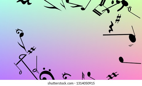 Disco Background. Many Random Falling Notes, Bass and, Treble Clef. Black Musical Notes Symbol Falling on Hologram Background. Disco Vector Template with Musical Symbols.