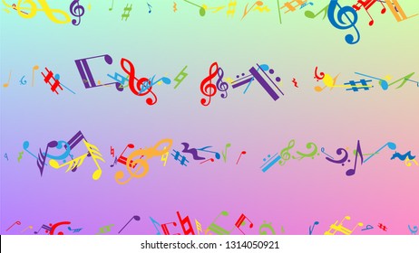 Disco Background. Many Random Falling Notes, Bass and, Treble Clef. Colorful Musical Notes Symbol Falling on Hologram Background. Disco Vector Template with Musical Symbols.