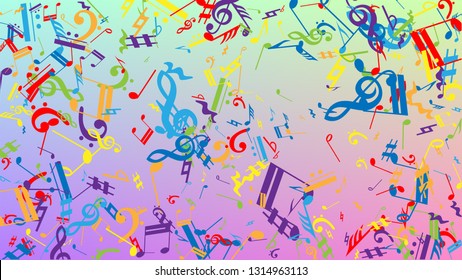Disco Background. Many Random Falling Notes, Bass and, G Clef. Colorful Musical Notes Symbol Falling on Hologram Background. Disco Vector Template with Musical Symbols.
