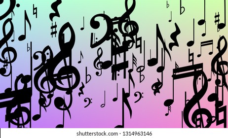 Disco Background. Many Random Falling Notes, Bass and, Treble Clef. Black Musical Notes Symbol Falling on Hologram Background. Disco Vector Template with Musical Symbols.