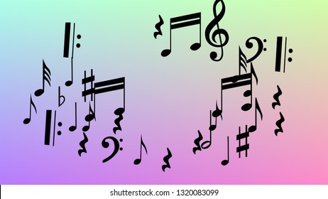 Disco Background. Many Random Falling Notes, Bass and, Treble Clef. Black Musical Notes Symbol Falling on Hologram Background. Disco Vector Template with Musical Symbols.