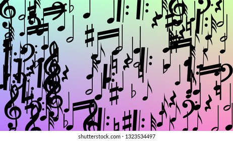 Disco Background. Many Random Falling Notes, Bass and, G Clef. Black Musical Notes Symbol Falling on Hologram Background. Disco Vector Template with Musical Symbols.
