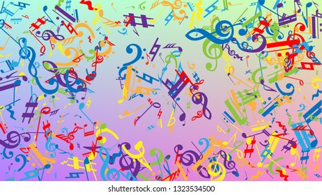 Disco Background. Many Random Falling Notes, Bass and, Treble Clef. Colorful Musical Notes Symbol Falling on Hologram Background. Disco Vector Template with Musical Symbols.