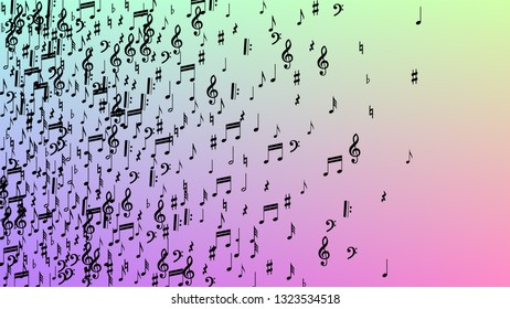 Disco Background. Many Random Falling Notes, Bass and, G Clef. Black Musical Notes Symbol Falling on Hologram Background. Disco Vector Template with Musical Symbols.