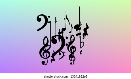 Disco Background. Many Random Falling Notes, Bass and, Treble Clef. Black Musical Notes Symbol Falling on Hologram Background. Disco Vector Template with Musical Symbols.