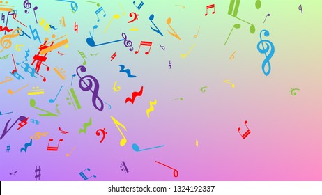 Disco Background. Many Random Falling Notes, Bass and, G Clef. Colorful Musical Notes Symbol Falling on Hologram Background. Disco Vector Template with Musical Symbols.