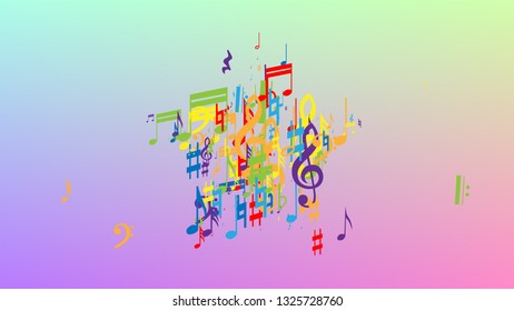 Disco Background. Many Random Falling Notes, Bass and, G Clef. Colorful Musical Notes Symbol Falling on Hologram Background. Disco Vector Template with Musical Symbols.