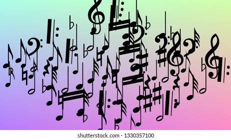 Disco Background. Many Random Falling Notes, Bass and, Treble Clef. Black Musical Notes Symbol Falling on Hologram Background. Disco Vector Template with Musical Symbols.